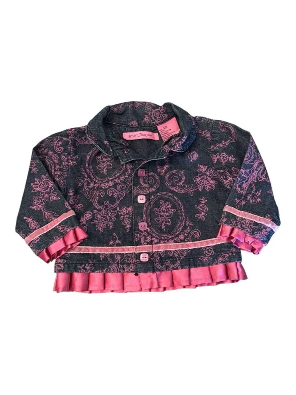 BETSEY JOHNSON Vintage Y2K Baby Girl Denim Jacket Pink Rose Print Ruffle Trim